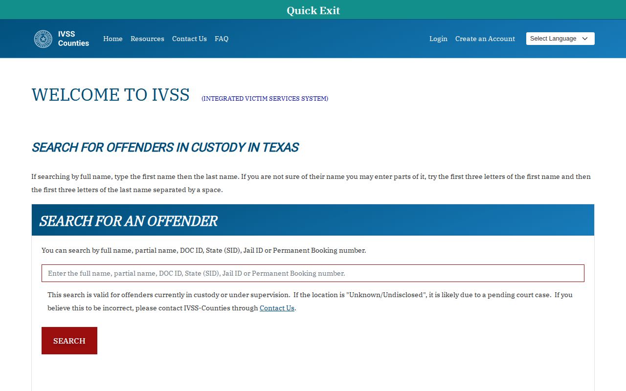Texas IVSS current county custody search for Foard County 72-hour release alerts