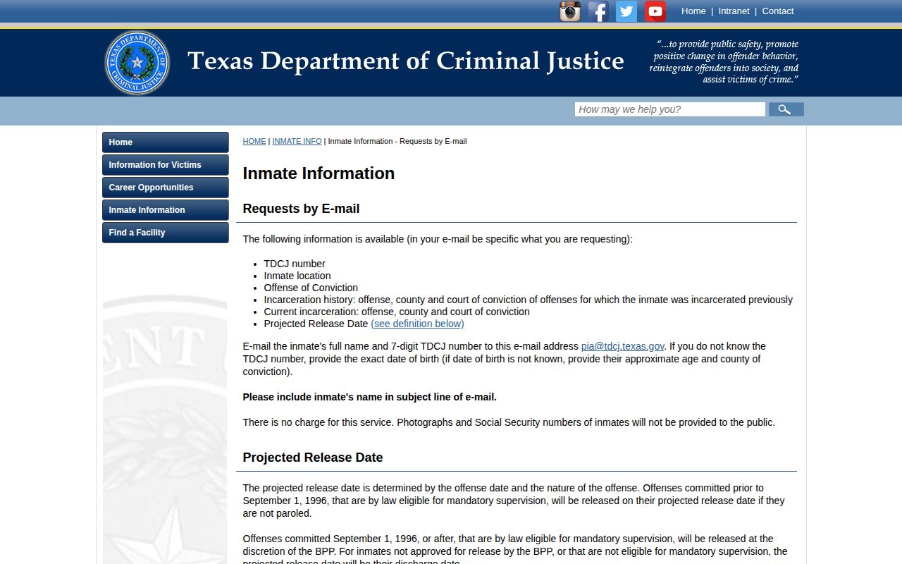 TDCJ email projected release information for Foard County prisoner