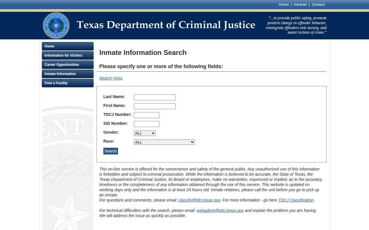 TDCJ inmate search fields and current-incarceration notice